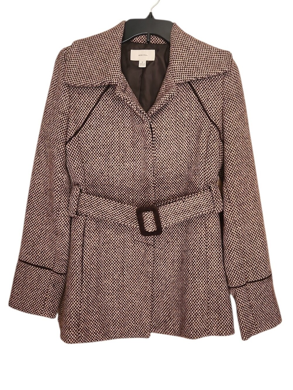 MERONA BROWN TWEED WOOL BLEND BELTED PEACOAT JACKET SMALL